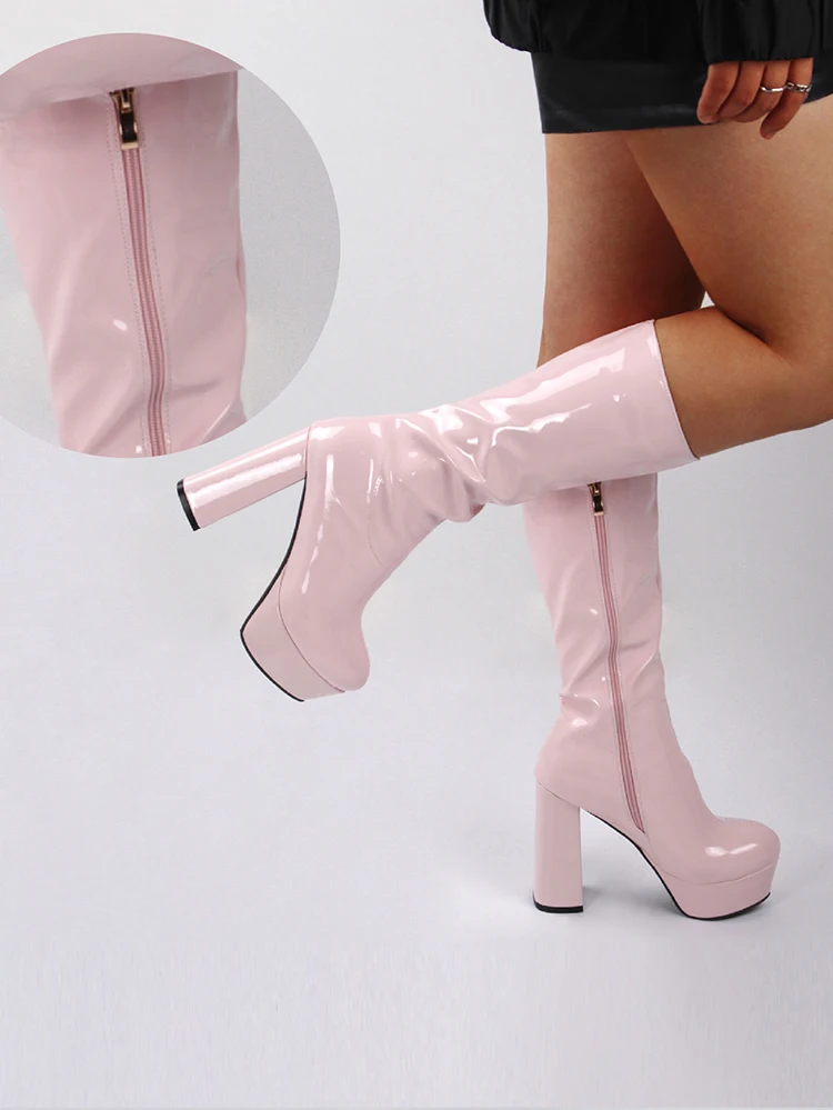 Ladies Mid-Tube Boots Leopard Print Flock Sexy Platform High Thick Heel Mid-Calf Boots Side Zipper Patent Leather Fashion Boots