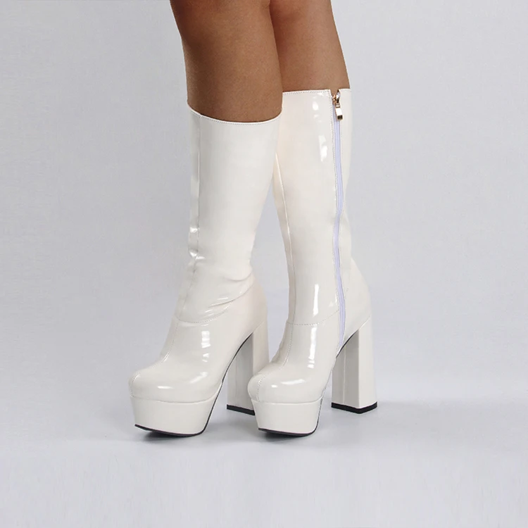 Ladies Mid-Tube Boots Leopard Print Flock Sexy Platform High Thick Heel Mid-Calf Boots Side Zipper Patent Leather Fashion Boots