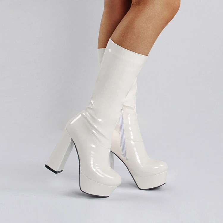 Ladies Mid-Tube Boots Leopard Print Flock Sexy Platform High Thick Heel Mid-Calf Boots Side Zipper Patent Leather Fashion Boots
