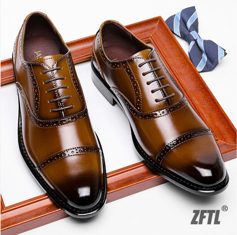 ZFTL Men's Dress shoes Man Oxford Shoes Brogue Carved Business shoes Male Wedding Banquet shoes Men's Genuine Leather Retro shoe