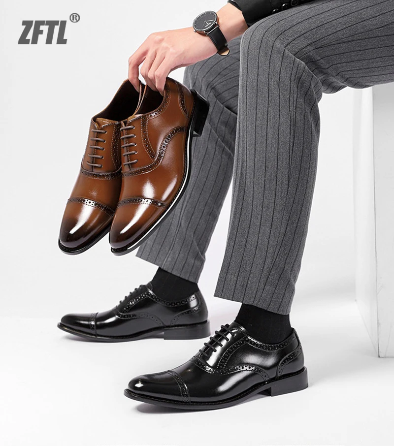 ZFTL Men's Dress shoes Man Oxford Shoes Brogue Carved Business shoes Male Wedding Banquet shoes Men's Genuine Leather Retro shoe