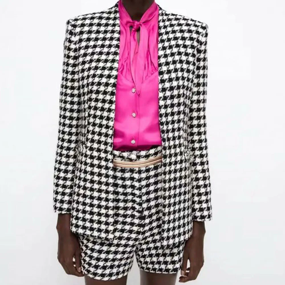 Klacwaya 2021 Women Two-Piece Set Vintage V Neck No Buckle Plaid Textured Blazer Jacket Female High Waist Shorts Elegant Suit