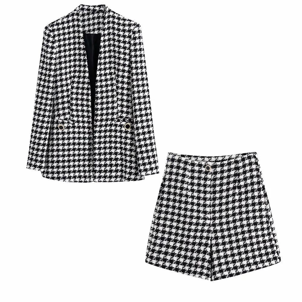 Klacwaya 2021 Women Two-Piece Set Vintage V Neck No Buckle Plaid Textured Blazer Jacket Female High Waist Shorts Elegant Suit