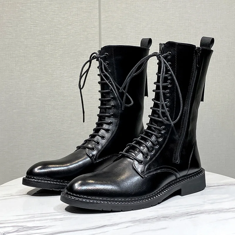 mens fashion stage nightclub wear motorcycle boots black tide soft leather shoes lace-up cowboy boot handsome high top botas man