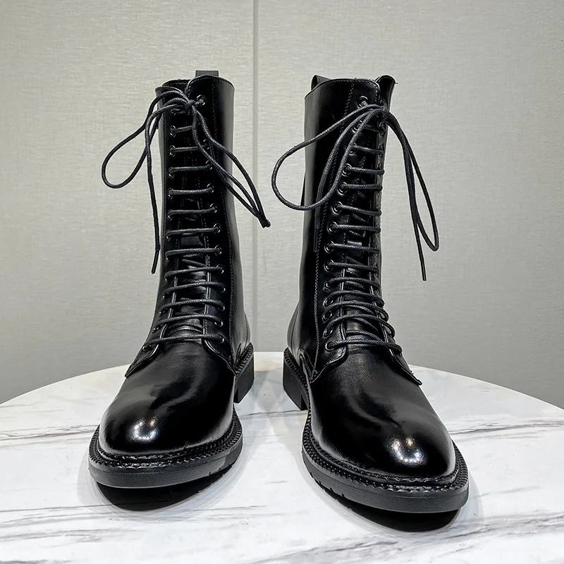 mens fashion stage nightclub wear motorcycle boots black tide soft leather shoes lace-up cowboy boot handsome high top botas man