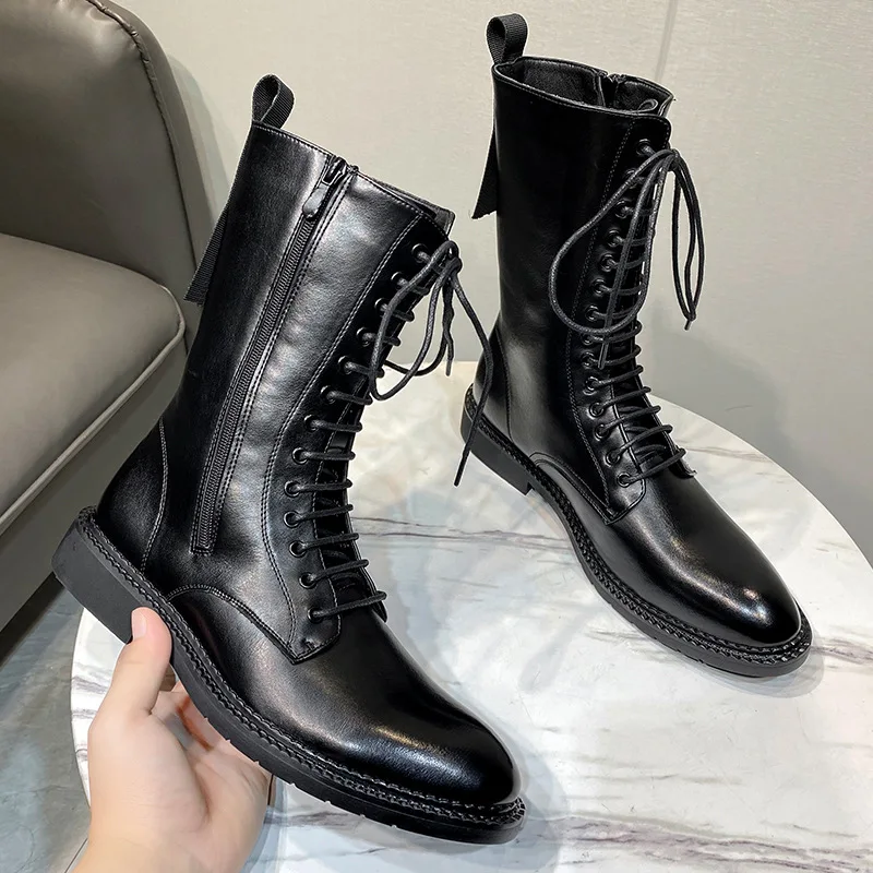 mens fashion stage nightclub wear motorcycle boots black tide soft leather shoes lace-up cowboy boot handsome high top botas man