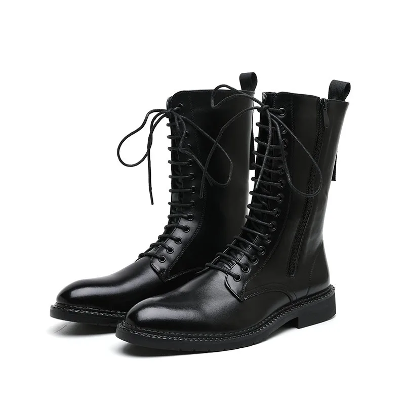 mens fashion stage nightclub wear motorcycle boots black tide soft leather shoes lace-up cowboy boot handsome high top botas man
