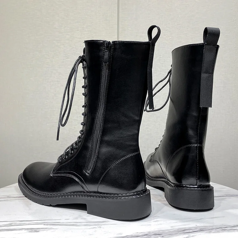 mens fashion stage nightclub wear motorcycle boots black tide soft leather shoes lace-up cowboy boot handsome high top botas man