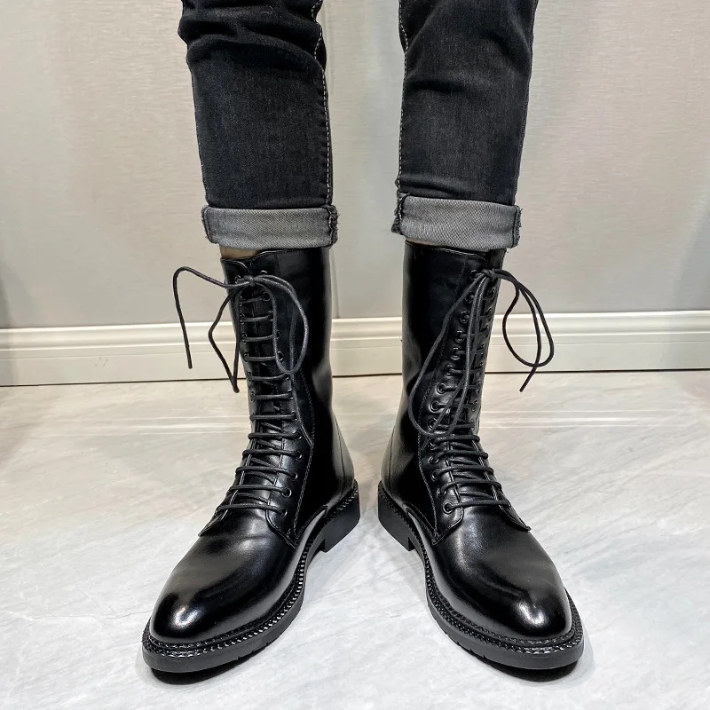 mens fashion stage nightclub wear motorcycle boots black tide soft leather shoes lace-up cowboy boot handsome high top botas man