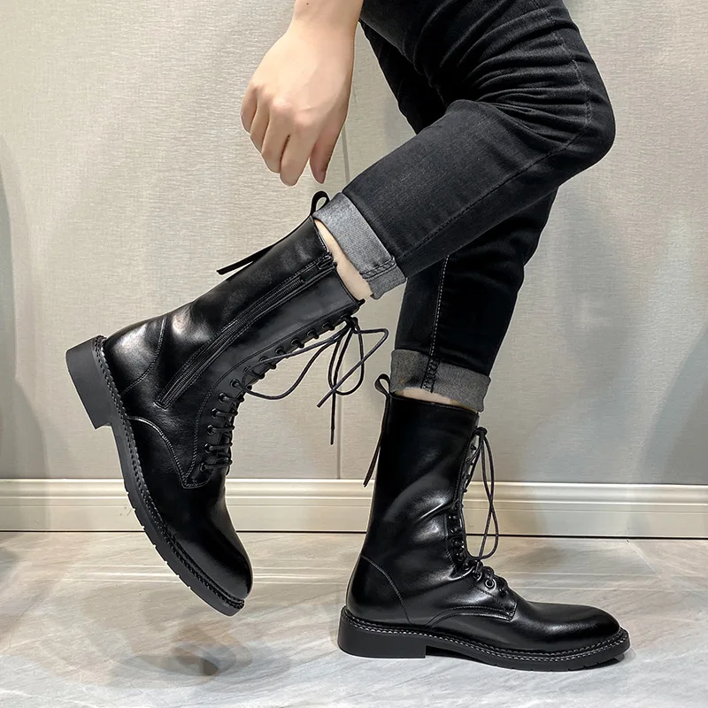 mens fashion stage nightclub wear motorcycle boots black tide soft leather shoes lace-up cowboy boot handsome high top botas man
