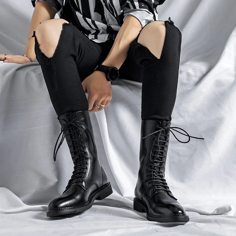 mens fashion stage nightclub wear motorcycle boots black tide soft leather shoes lace-up cowboy boot handsome high top botas man