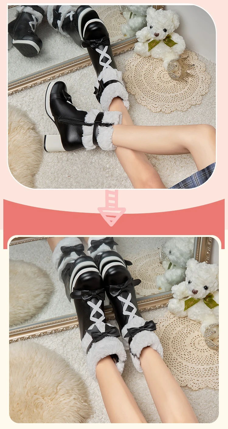 Sweet Japanese Cute Boots Thick-Heeled Lamb Velvet Flanging Winter Warm Mid-Calf Boots Lolita Style Sweet Plus Size Women’S Boot