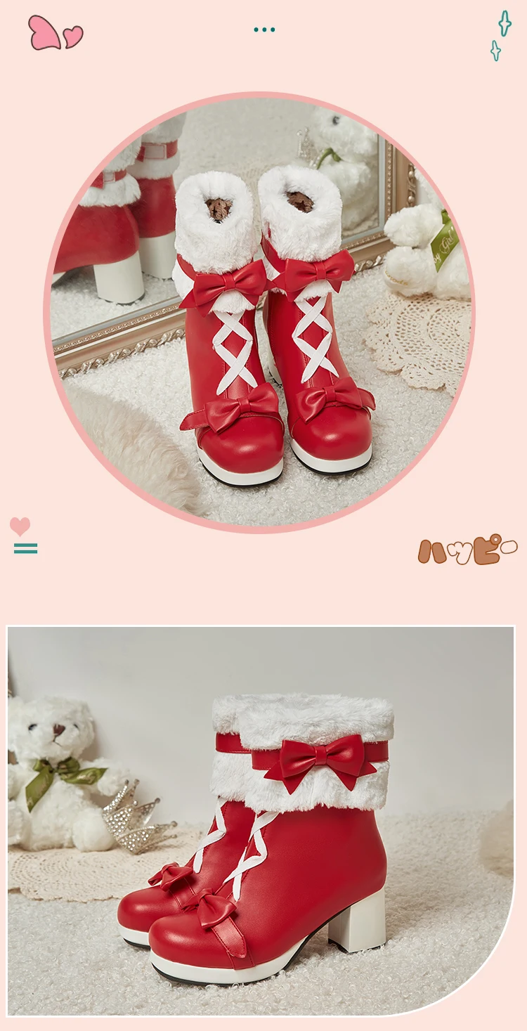 Sweet Japanese Cute Boots Thick-Heeled Lamb Velvet Flanging Winter Warm Mid-Calf Boots Lolita Style Sweet Plus Size Women’S Boot