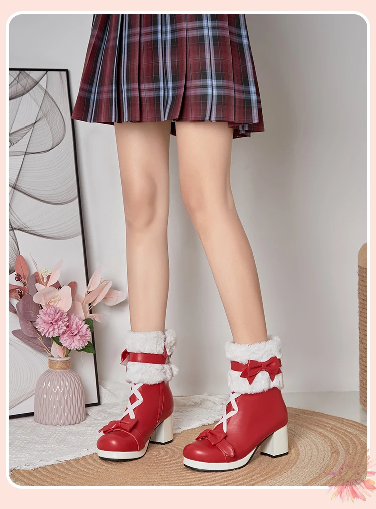 Sweet Japanese Cute Boots Thick-Heeled Lamb Velvet Flanging Winter Warm Mid-Calf Boots Lolita Style Sweet Plus Size Women’S Boot