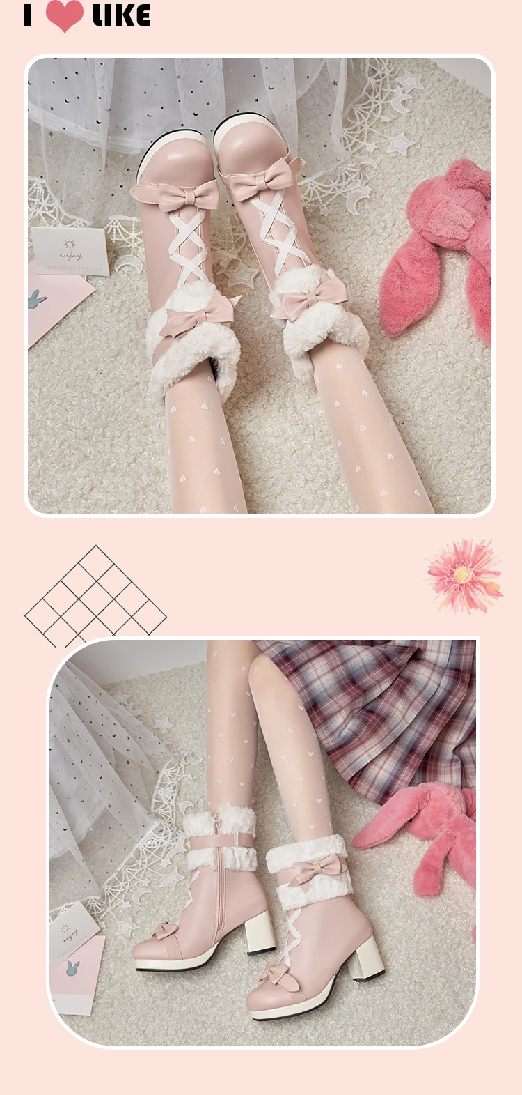 Sweet Japanese Cute Boots Thick-Heeled Lamb Velvet Flanging Winter Warm Mid-Calf Boots Lolita Style Sweet Plus Size Women’S Boot