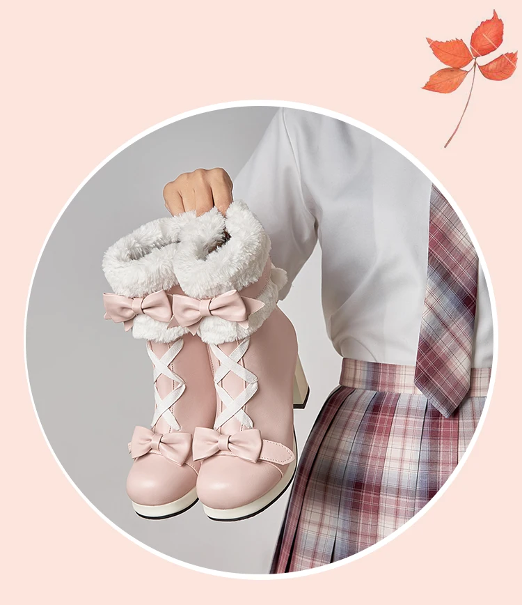 Sweet Japanese Cute Boots Thick-Heeled Lamb Velvet Flanging Winter Warm Mid-Calf Boots Lolita Style Sweet Plus Size Women’S Boot