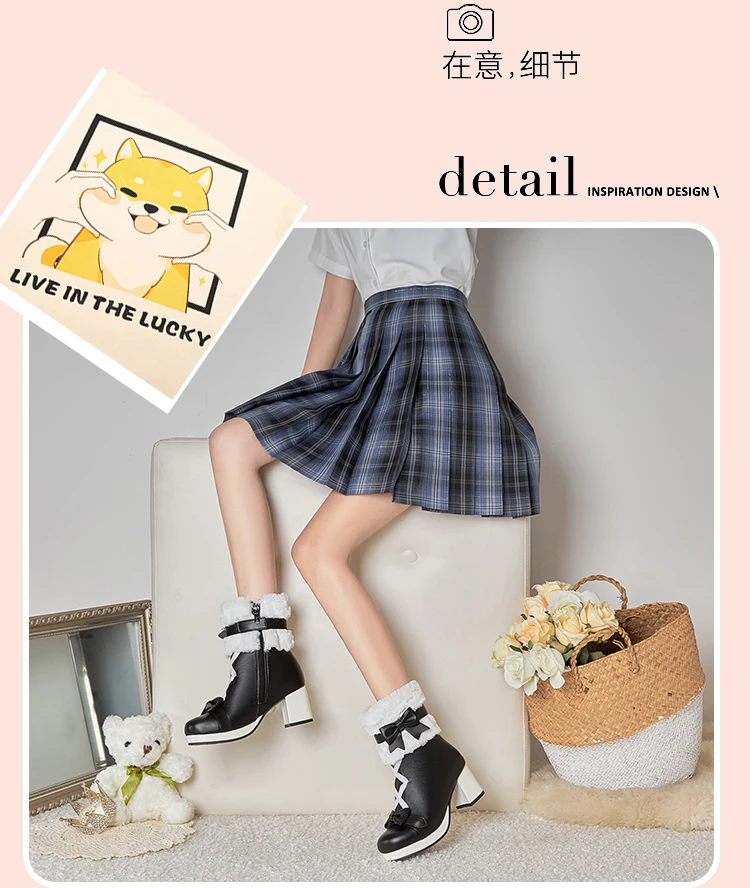 Sweet Japanese Cute Boots Thick-Heeled Lamb Velvet Flanging Winter Warm Mid-Calf Boots Lolita Style Sweet Plus Size Women’S Boot