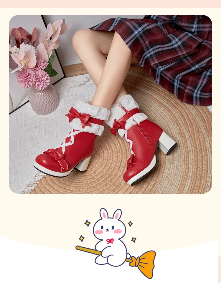 Sweet Japanese Cute Boots Thick-Heeled Lamb Velvet Flanging Winter Warm Mid-Calf Boots Lolita Style Sweet Plus Size Women’S Boot