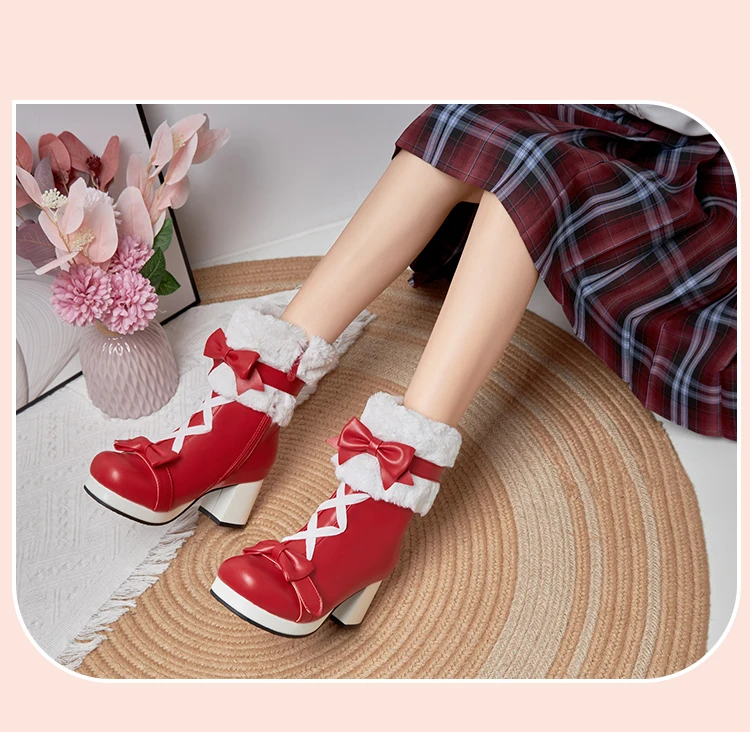 Sweet Japanese Cute Boots Thick-Heeled Lamb Velvet Flanging Winter Warm Mid-Calf Boots Lolita Style Sweet Plus Size Women’S Boot