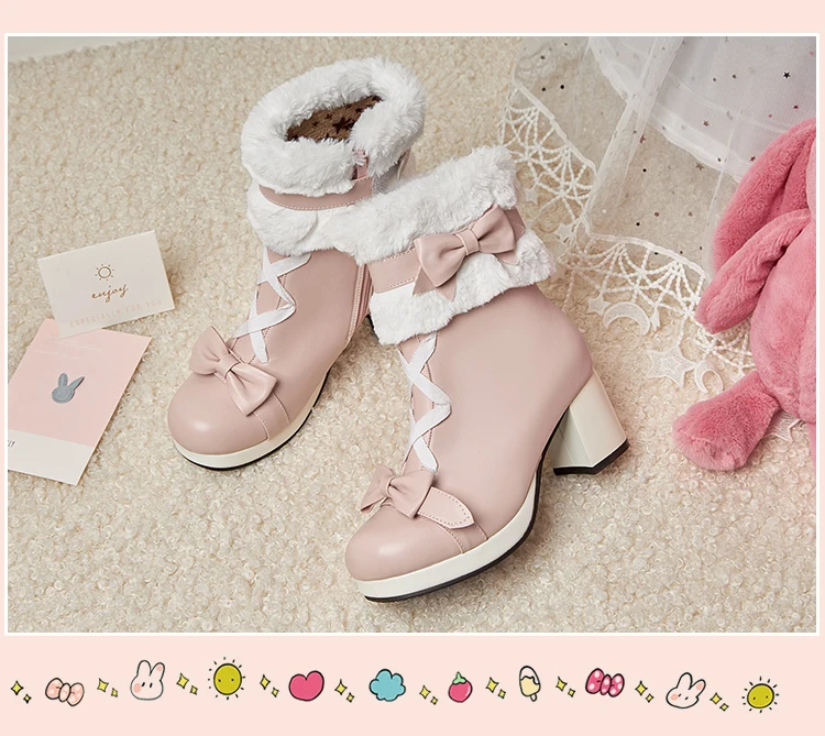 Sweet Japanese Cute Boots Thick-Heeled Lamb Velvet Flanging Winter Warm Mid-Calf Boots Lolita Style Sweet Plus Size Women’S Boot