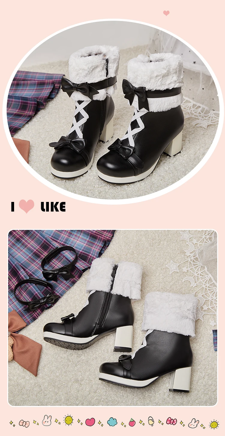 Sweet Japanese Cute Boots Thick-Heeled Lamb Velvet Flanging Winter Warm Mid-Calf Boots Lolita Style Sweet Plus Size Women’S Boot