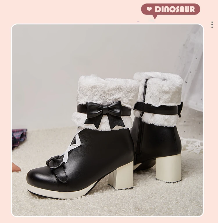 Sweet Japanese Cute Boots Thick-Heeled Lamb Velvet Flanging Winter Warm Mid-Calf Boots Lolita Style Sweet Plus Size Women’S Boot