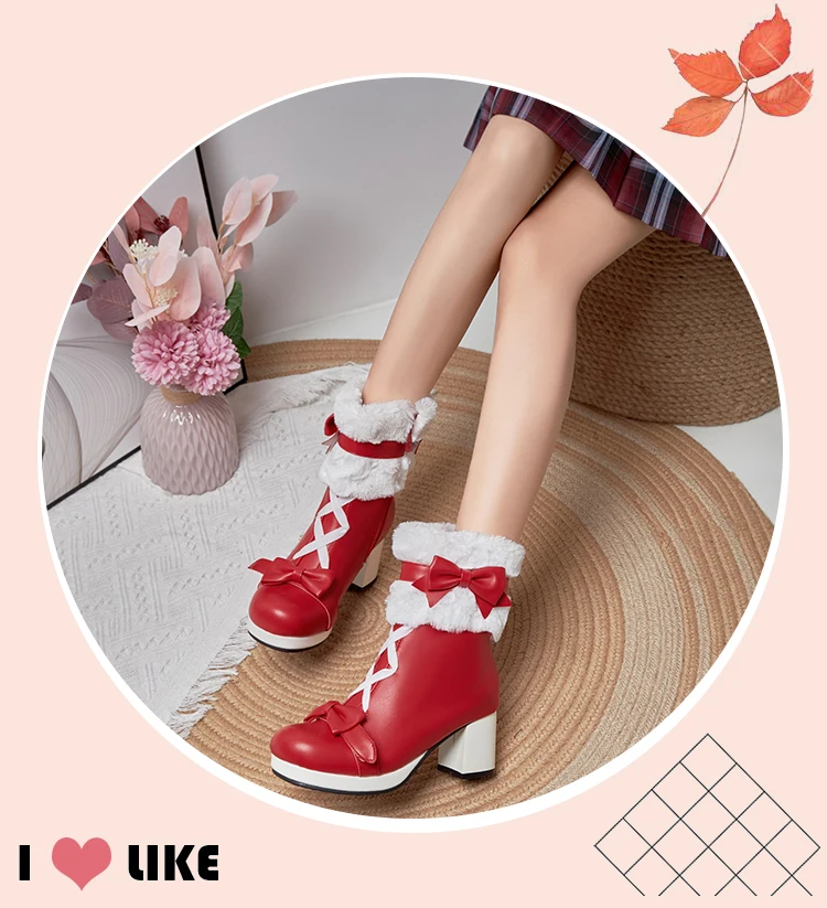 Sweet Japanese Cute Boots Thick-Heeled Lamb Velvet Flanging Winter Warm Mid-Calf Boots Lolita Style Sweet Plus Size Women’S Boot