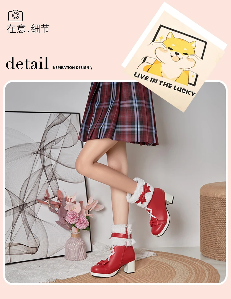 Sweet Japanese Cute Boots Thick-Heeled Lamb Velvet Flanging Winter Warm Mid-Calf Boots Lolita Style Sweet Plus Size Women’S Boot