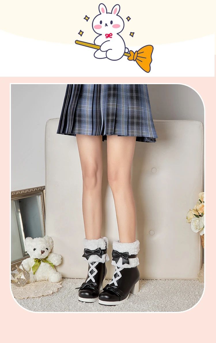 Sweet Japanese Cute Boots Thick-Heeled Lamb Velvet Flanging Winter Warm Mid-Calf Boots Lolita Style Sweet Plus Size Women’S Boot