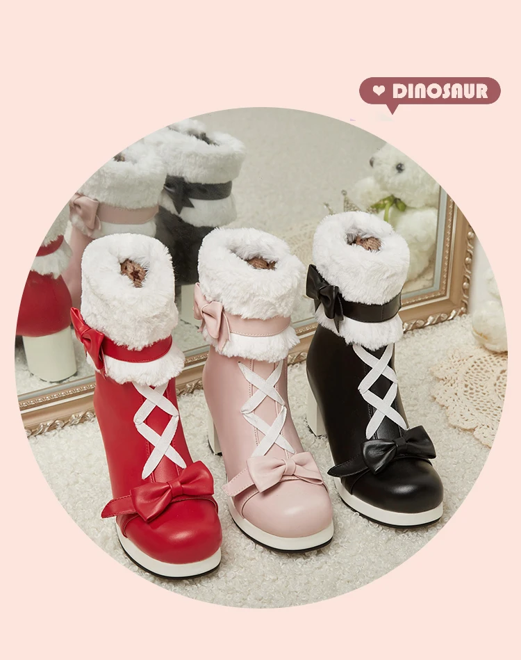 Sweet Japanese Cute Boots Thick-Heeled Lamb Velvet Flanging Winter Warm Mid-Calf Boots Lolita Style Sweet Plus Size Women’S Boot