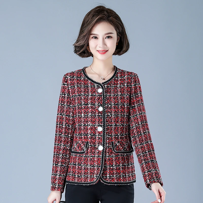Women Fashion Patchwork Checked Tweed Jacket Coat Vintage Long Sleeve Beaded Edge Trim Female Outerwear Chic Tops