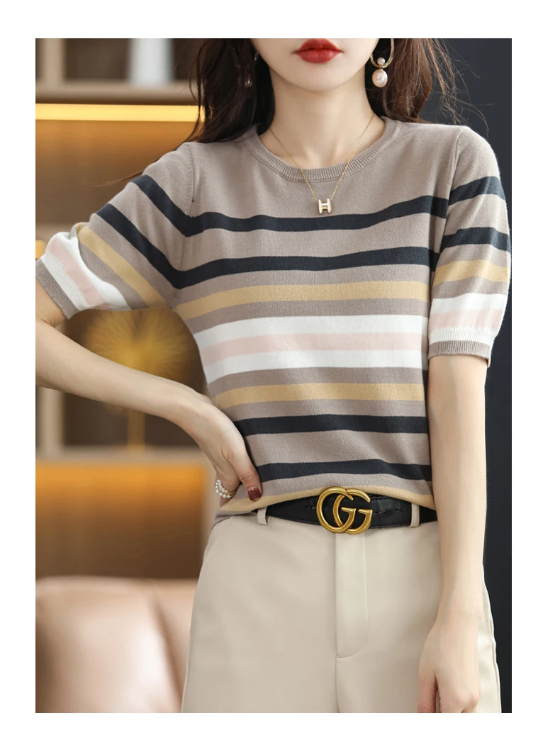 Summer New Short-sleeved Women O-Neck Slim 100% Cotton Striped Pullover Vest T-shirt Knitted Base Casual Comfortable Sweater