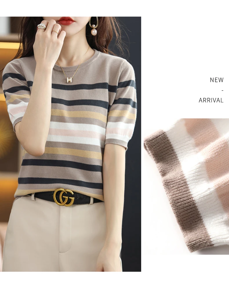Summer New Short-sleeved Women O-Neck Slim 100% Cotton Striped Pullover Vest T-shirt Knitted Base Casual Comfortable Sweater