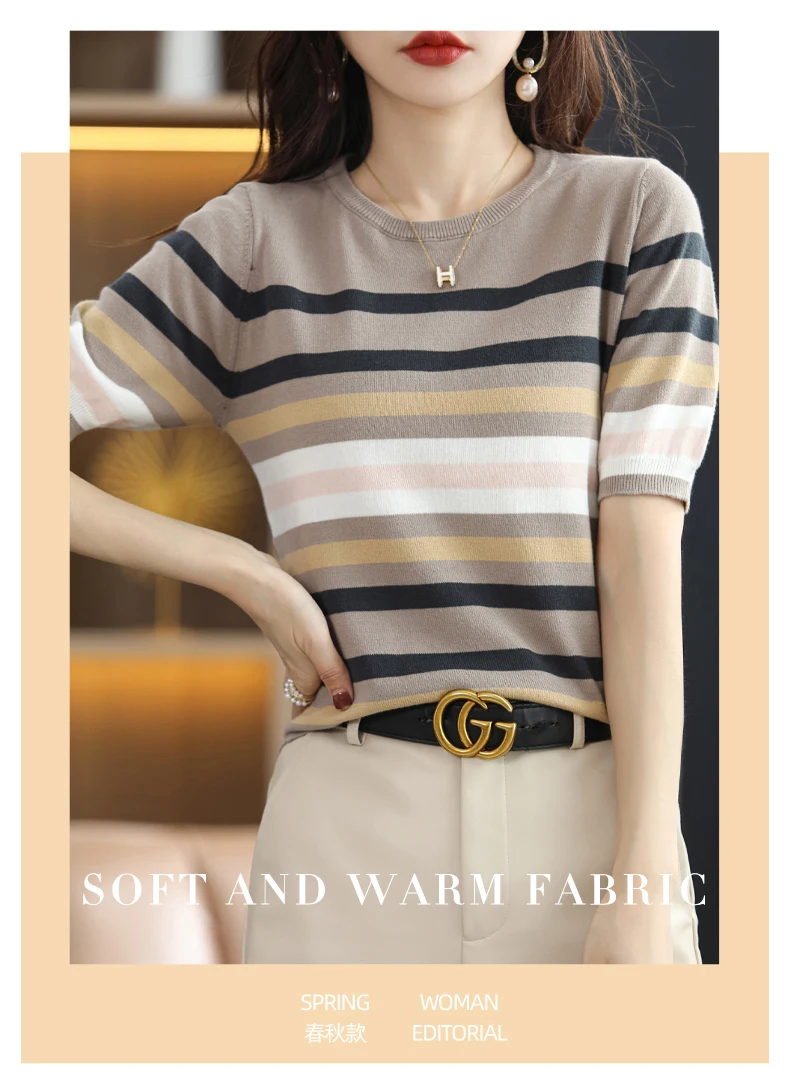 Summer New Short-sleeved Women O-Neck Slim 100% Cotton Striped Pullover Vest T-shirt Knitted Base Casual Comfortable Sweater