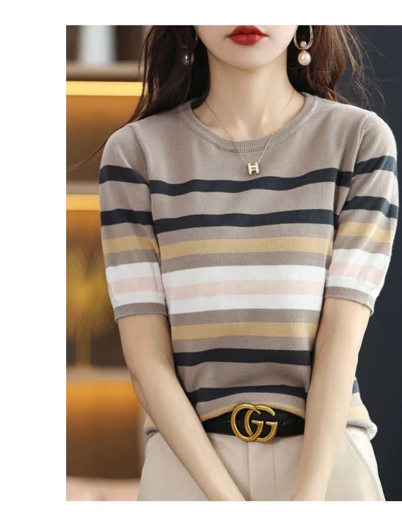 Summer New Short-sleeved Women O-Neck Slim 100% Cotton Striped Pullover Vest T-shirt Knitted Base Casual Comfortable Sweater