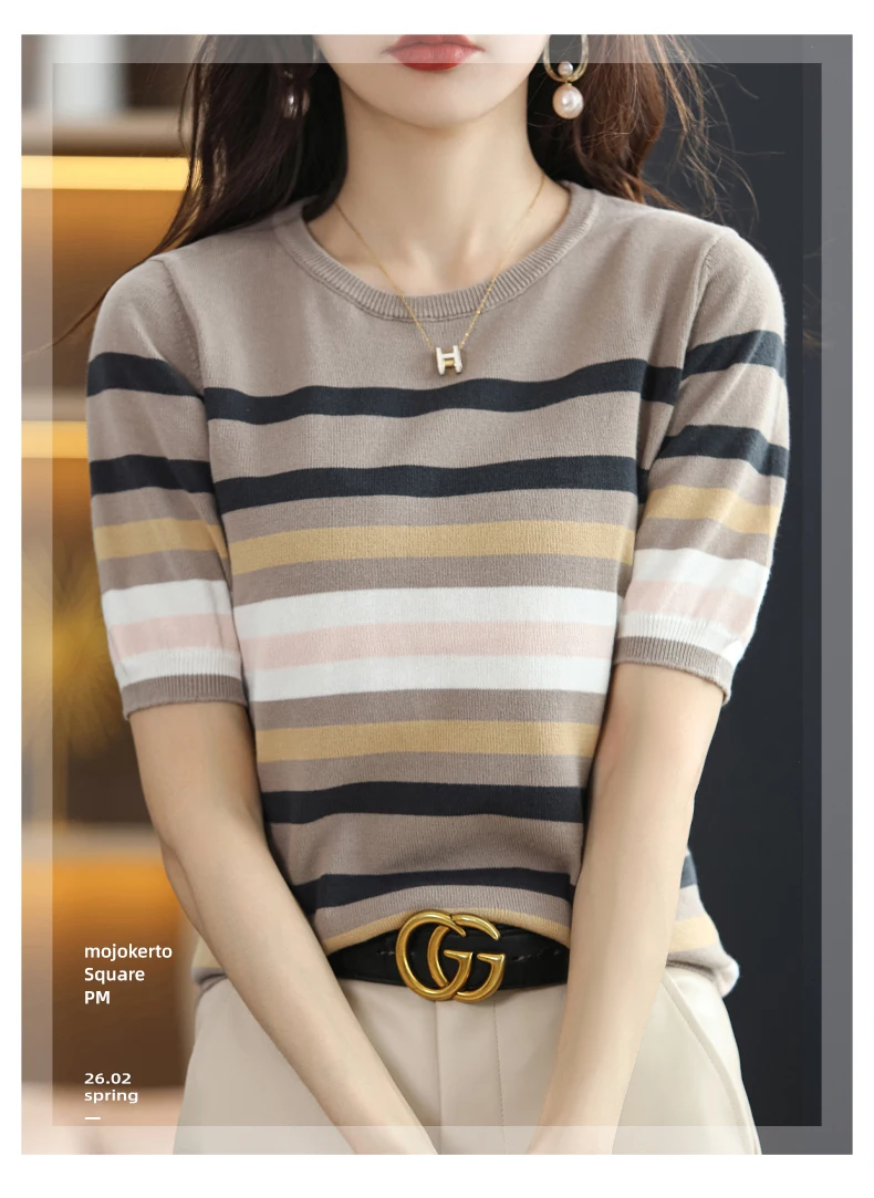 Summer New Short-sleeved Women O-Neck Slim 100% Cotton Striped Pullover Vest T-shirt Knitted Base Casual Comfortable Sweater