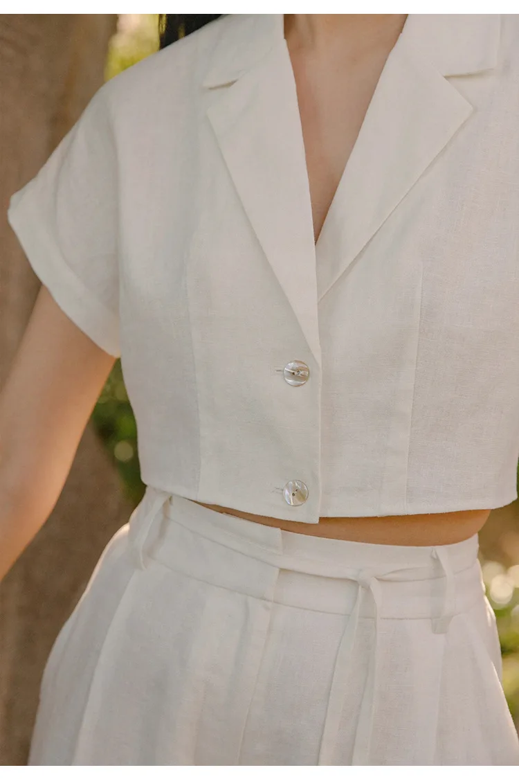 100% Linen Women's Shirt Vintage Notched Collar Short Sleeve Button Up Shirts Elegant Fashion Woman Blouses 2026 Blusas Feminina