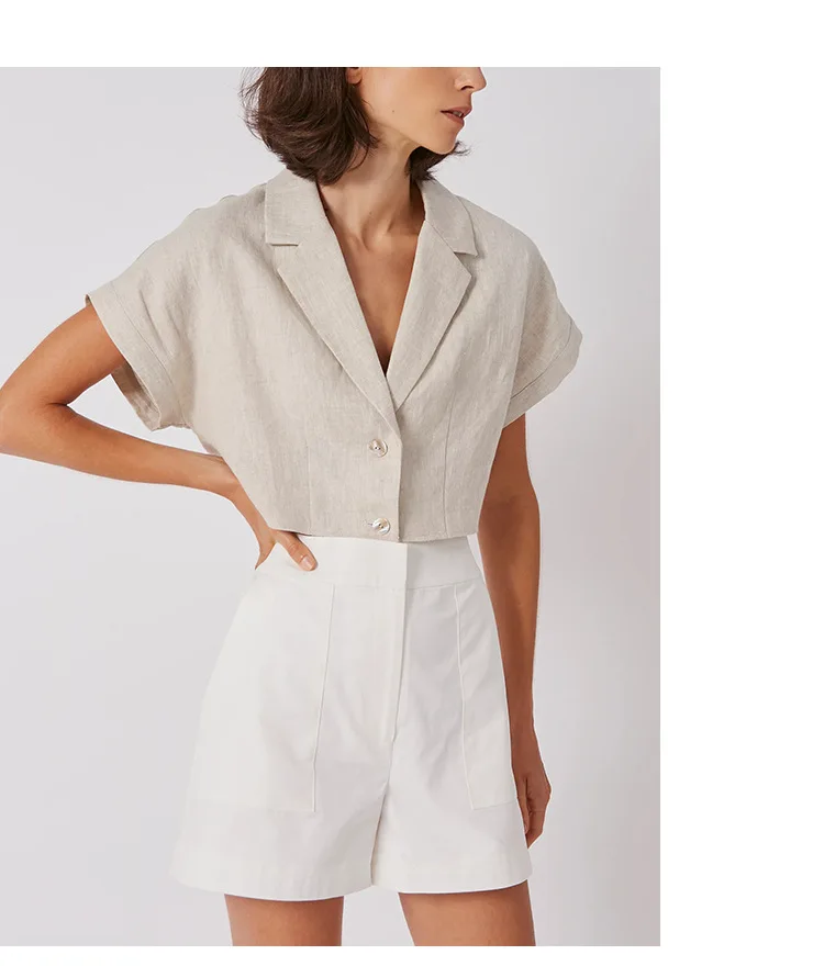 100% Linen Women's Shirt Vintage Notched Collar Short Sleeve Button Up Shirts Elegant Fashion Woman Blouses 2026 Blusas Feminina