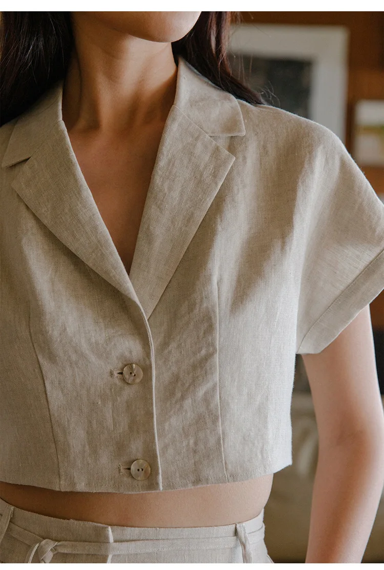 100% Linen Women's Shirt Vintage Notched Collar Short Sleeve Button Up Shirts Elegant Fashion Woman Blouses 2026 Blusas Feminina