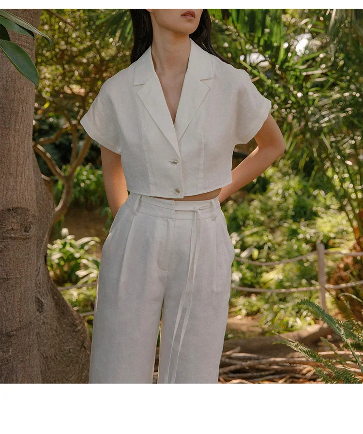 100% Linen Women's Shirt Vintage Notched Collar Short Sleeve Button Up Shirts Elegant Fashion Woman Blouses 2026 Blusas Feminina