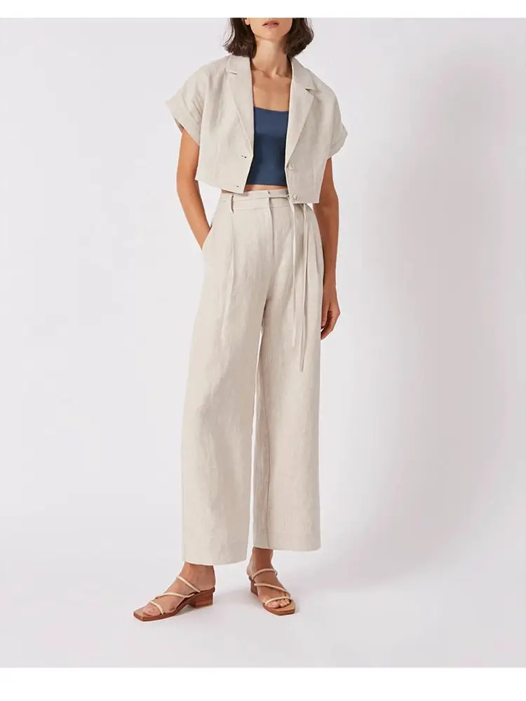 100% Linen Women's Shirt Vintage Notched Collar Short Sleeve Button Up Shirts Elegant Fashion Woman Blouses 2026 Blusas Feminina