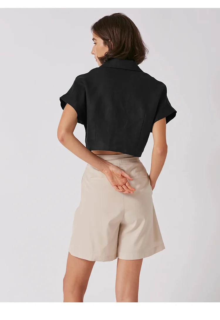 100% Linen Women's Shirt Vintage Notched Collar Short Sleeve Button Up Shirts Elegant Fashion Woman Blouses 2026 Blusas Feminina