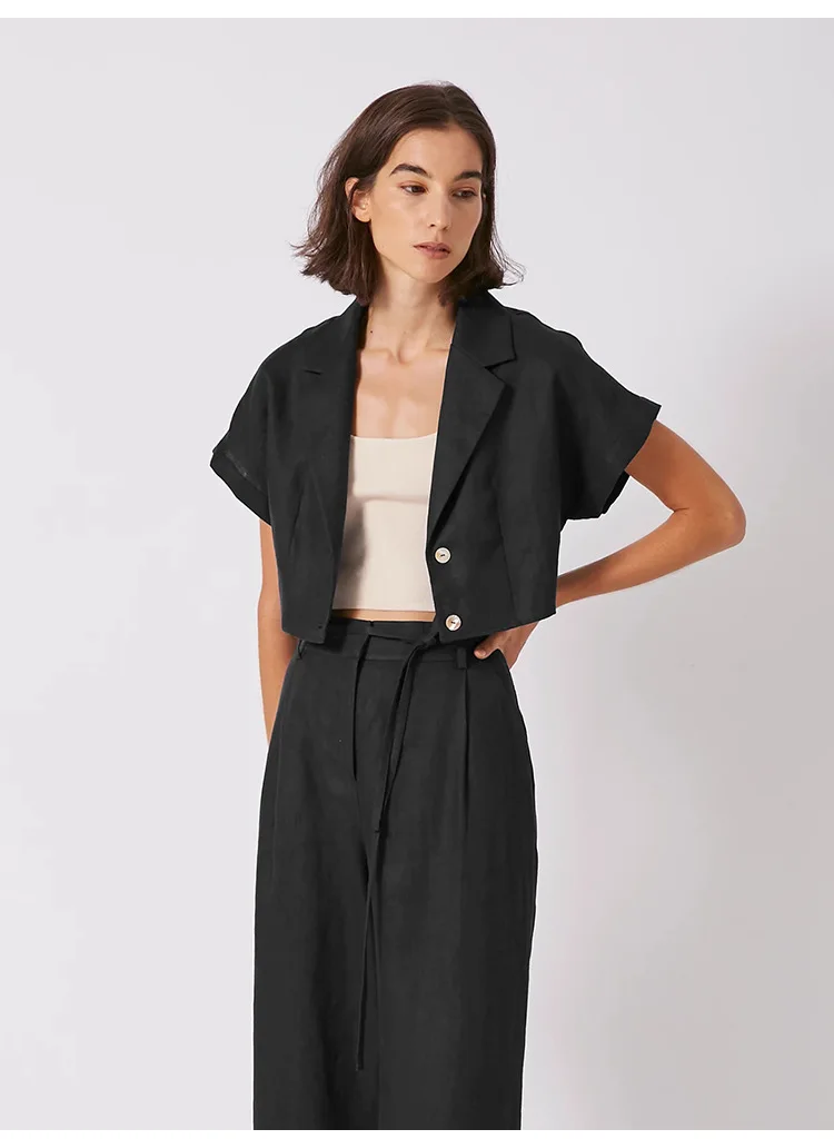 100% Linen Women's Shirt Vintage Notched Collar Short Sleeve Button Up Shirts Elegant Fashion Woman Blouses 2026 Blusas Feminina