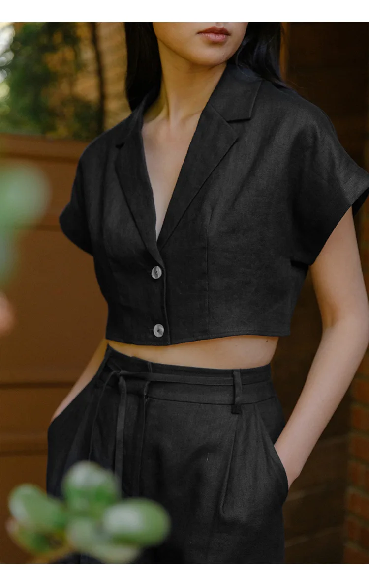 100% Linen Women's Shirt Vintage Notched Collar Short Sleeve Button Up Shirts Elegant Fashion Woman Blouses 2026 Blusas Feminina
