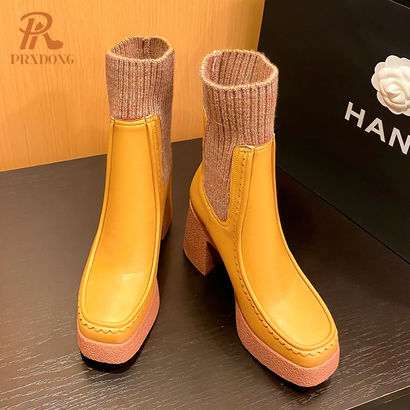 PRXDONG INS Stretch Wool Genuine Leather Brand Sock Ankle Boots Chunky High Heels Platform Autumn Winter Warm Female Short Boots