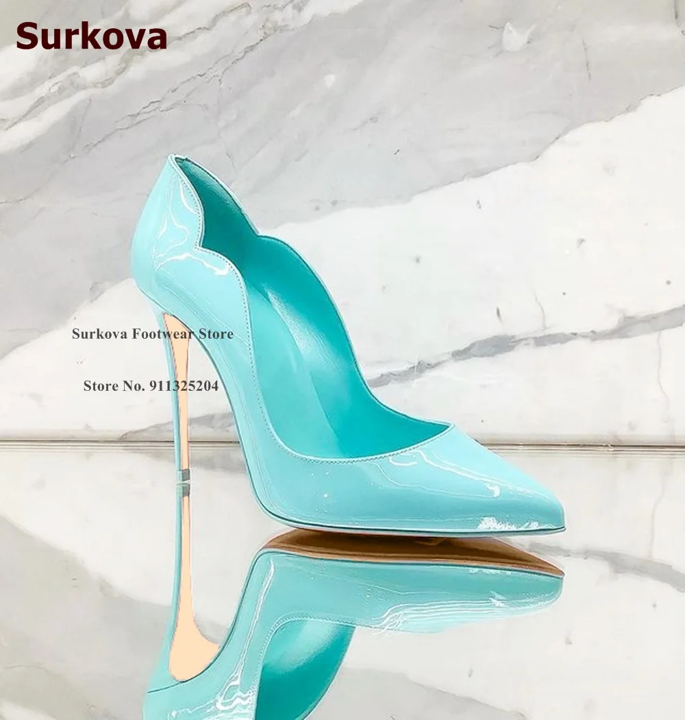 Surkova Gold Hologram Iridescent Mirror Leather Shallow Pumps 12cm Thin High Heel Pointed Toe Slip-on Dress Shoes Red Pink Blue