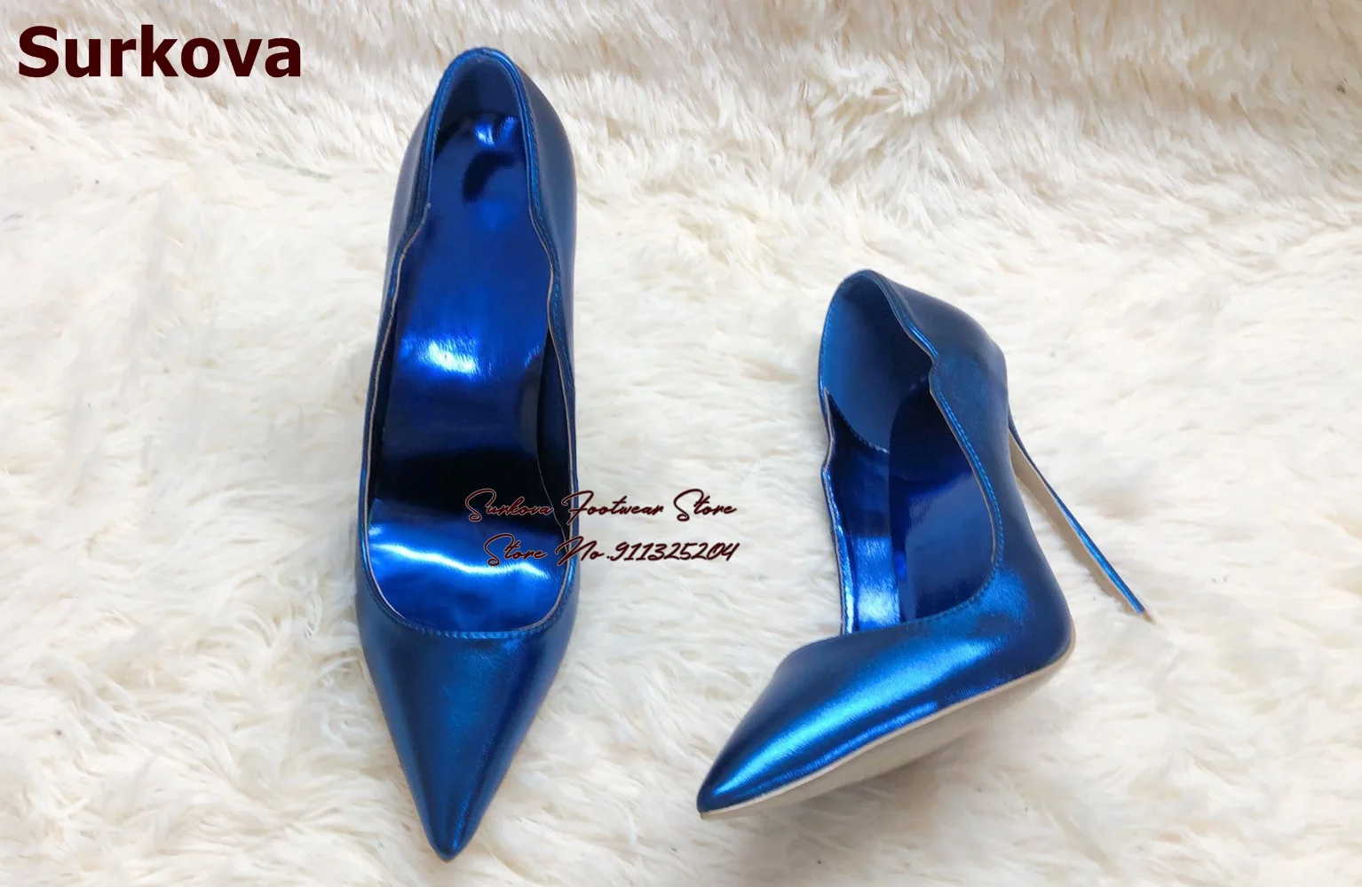 Surkova Gold Hologram Iridescent Mirror Leather Shallow Pumps 12cm Thin High Heel Pointed Toe Slip-on Dress Shoes Red Pink Blue