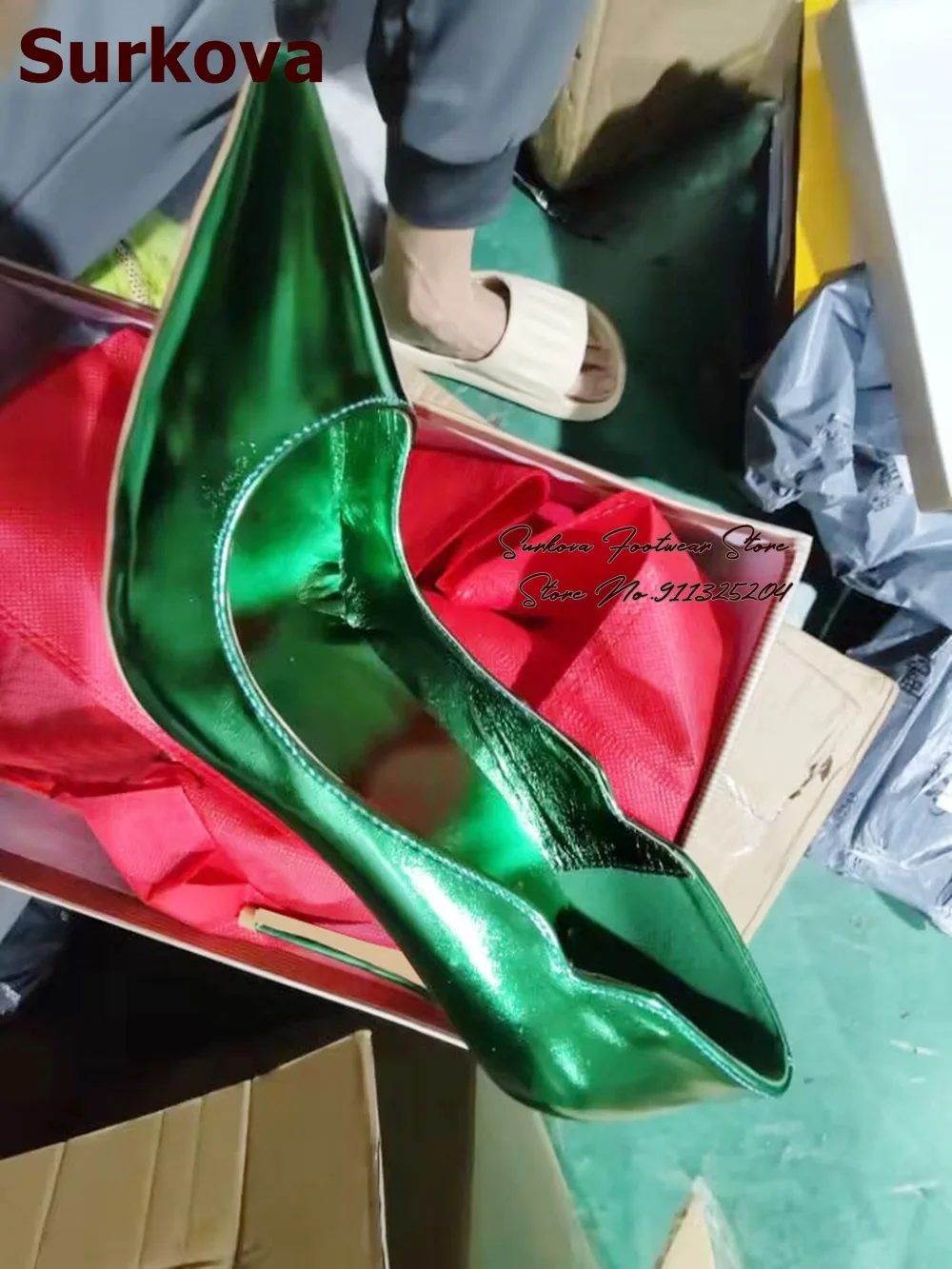 Surkova Gold Hologram Iridescent Mirror Leather Shallow Pumps 12cm Thin High Heel Pointed Toe Slip-on Dress Shoes Red Pink Blue