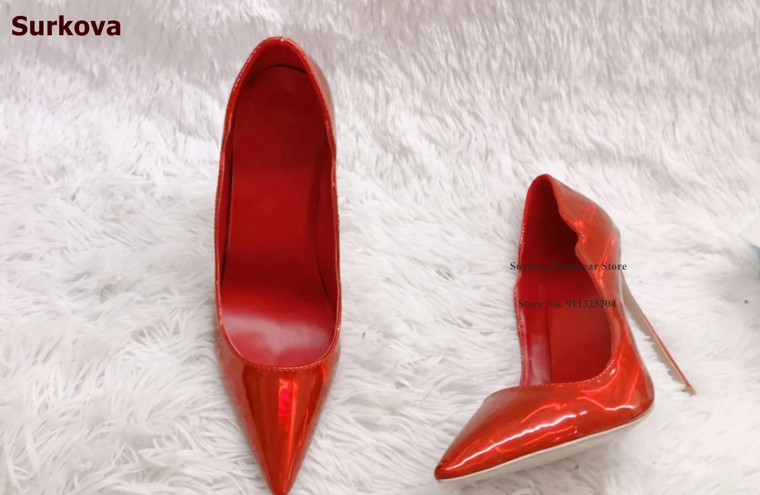 Surkova Gold Hologram Iridescent Mirror Leather Shallow Pumps 12cm Thin High Heel Pointed Toe Slip-on Dress Shoes Red Pink Blue