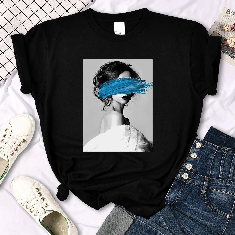 Art Portrait Character Smear Print Women Tshirts Summer Fashion T-Shirt Breathable O-Neck Tee Shirts Soft Cool T-Shirt Female